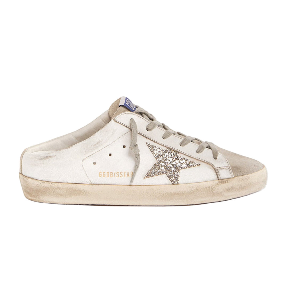 Super-Star Sabot with a platinum glitter star and suede tongue